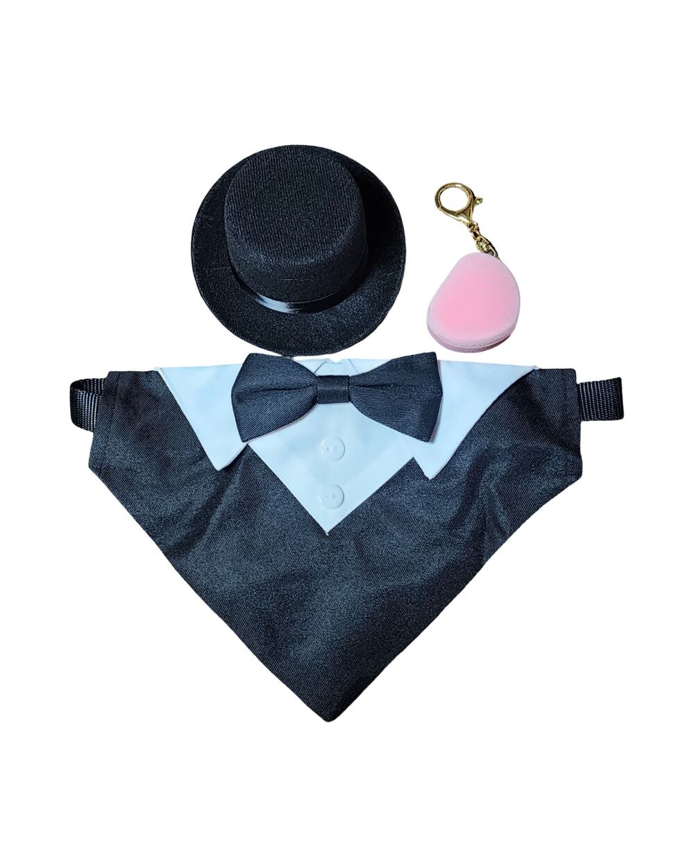 Dog Ring Bearer Tux Set Bow Tie Collar, Mini Top Hat, and Pink Heart Ring Box